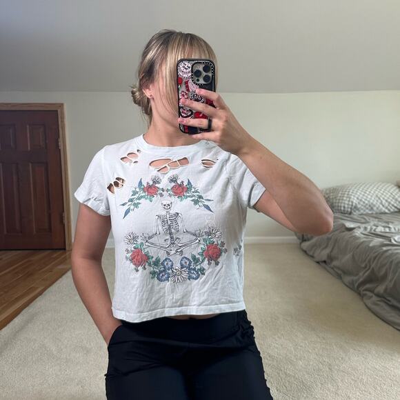 Electric Pink: Distressed Cropped Skeleton Tee - Picture 7 of 7